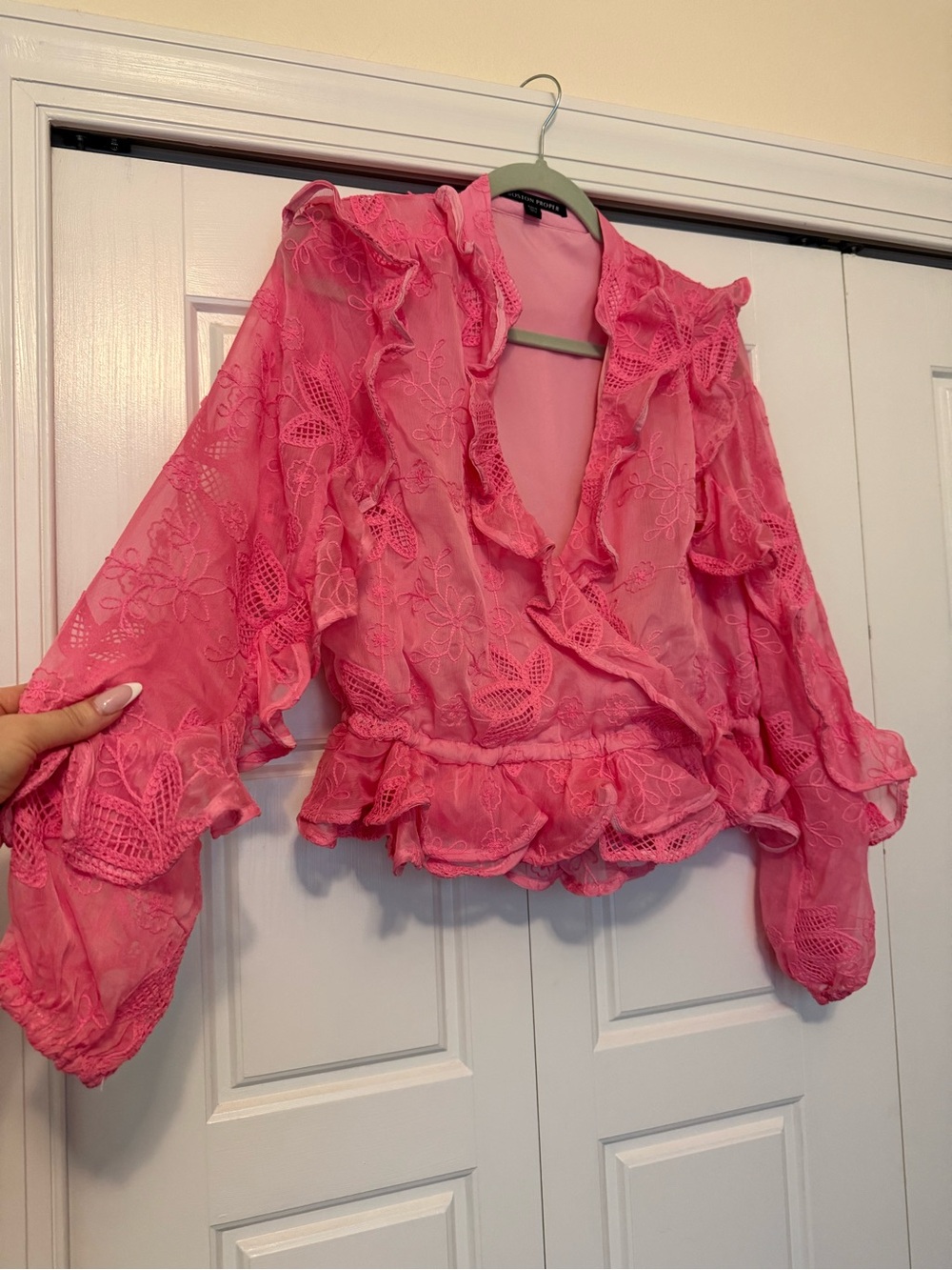 Boston Proper Pink Ruffled Lace Blouse